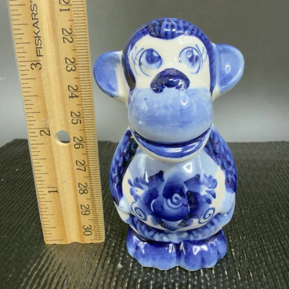 Handmade Gzhel Russian‎ Porcelain Small Monkey Figurine Had Painted Cobalt Blue